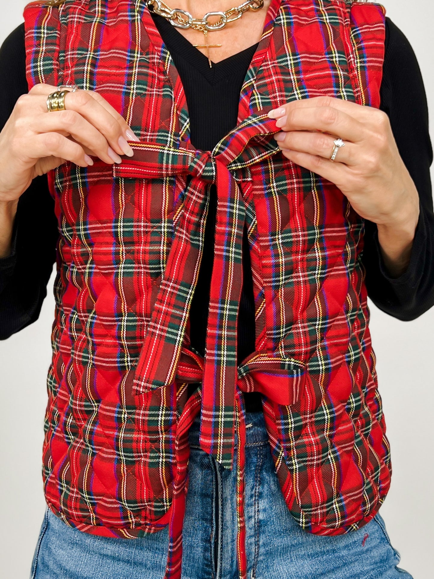 Quilted Plaid Ribbon Bow Tie Front Vest