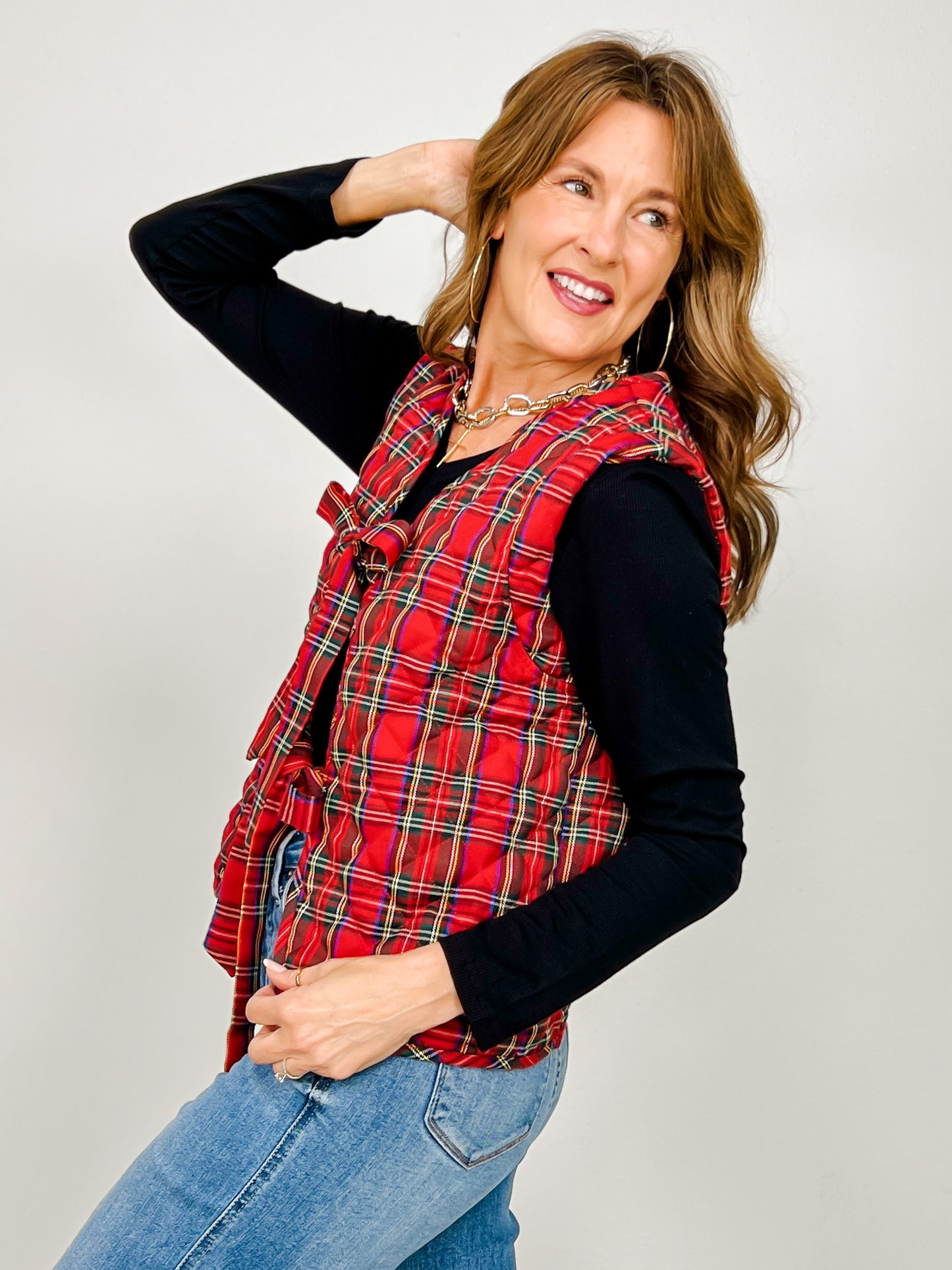 Quilted Plaid Ribbon Bow Tie Front Vest