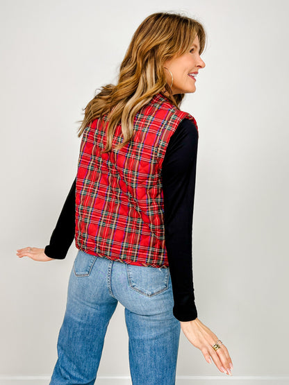 Quilted Plaid Ribbon Bow Tie Front Vest