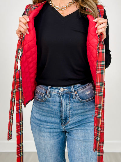 Quilted Plaid Ribbon Bow Tie Front Vest
