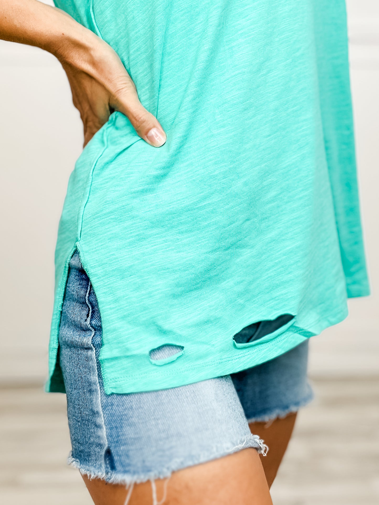 Sunset Breeze V-Neck Distressed Knit Top with Side Slits