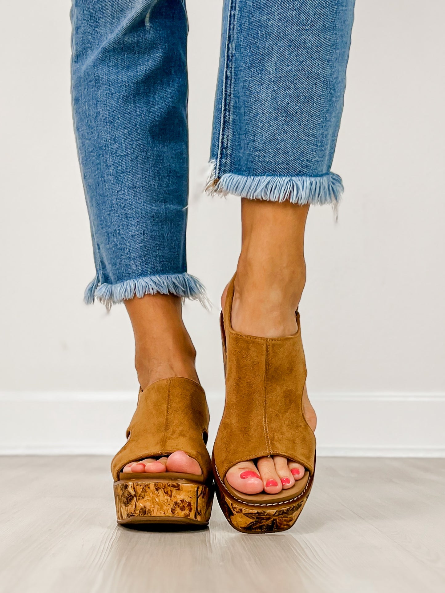 Corkys Freddie Wedge Sandals in TOBACCO FAUX SUEDE