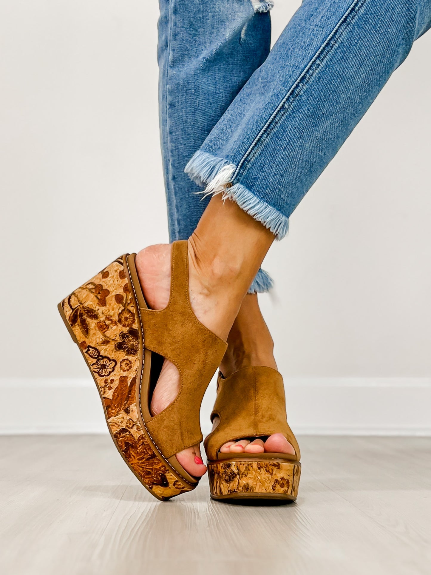 Corkys Freddie Wedge Sandals in TOBACCO FAUX SUEDE