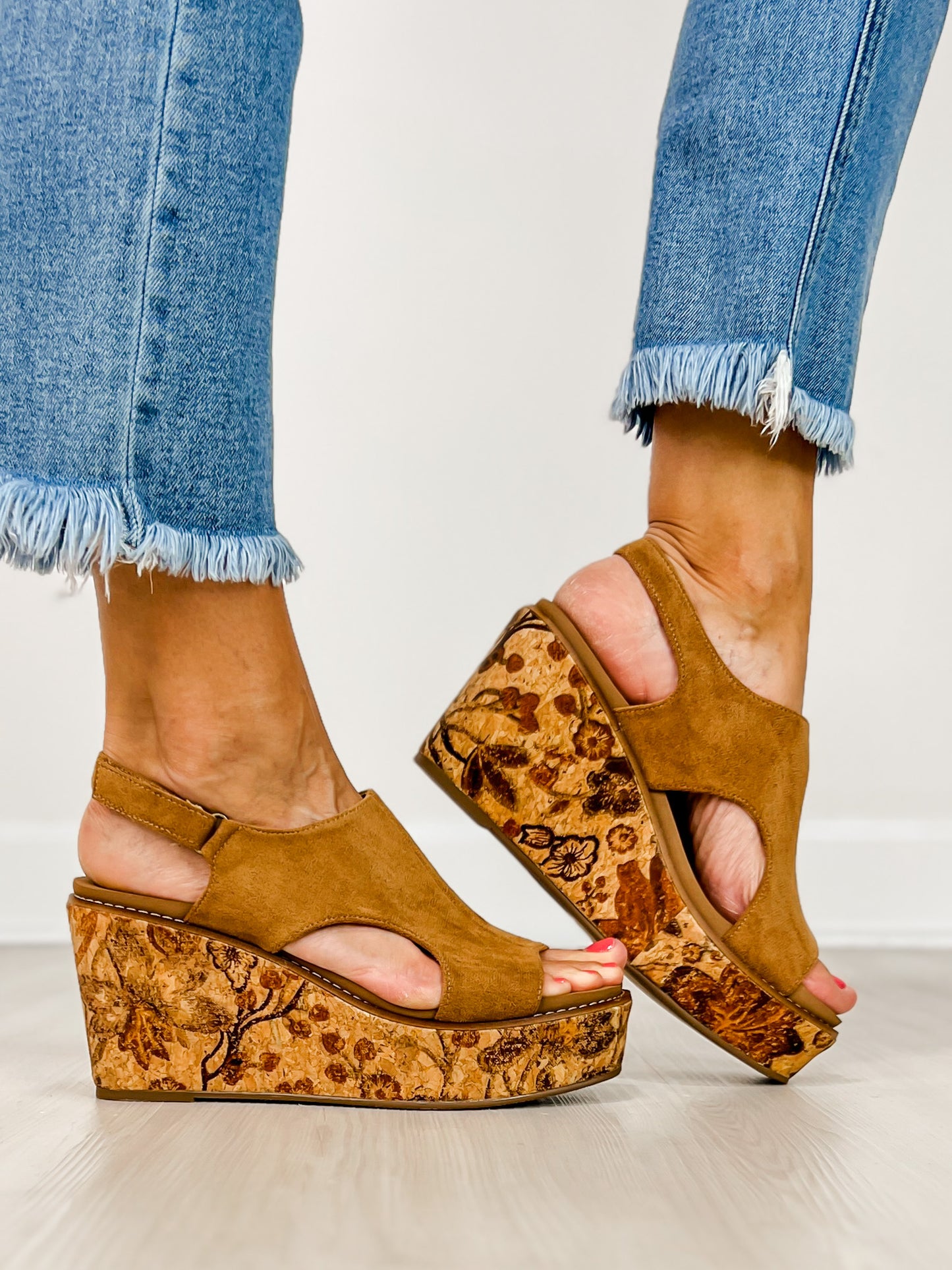Corkys Freddie Wedge Sandals in TOBACCO FAUX SUEDE