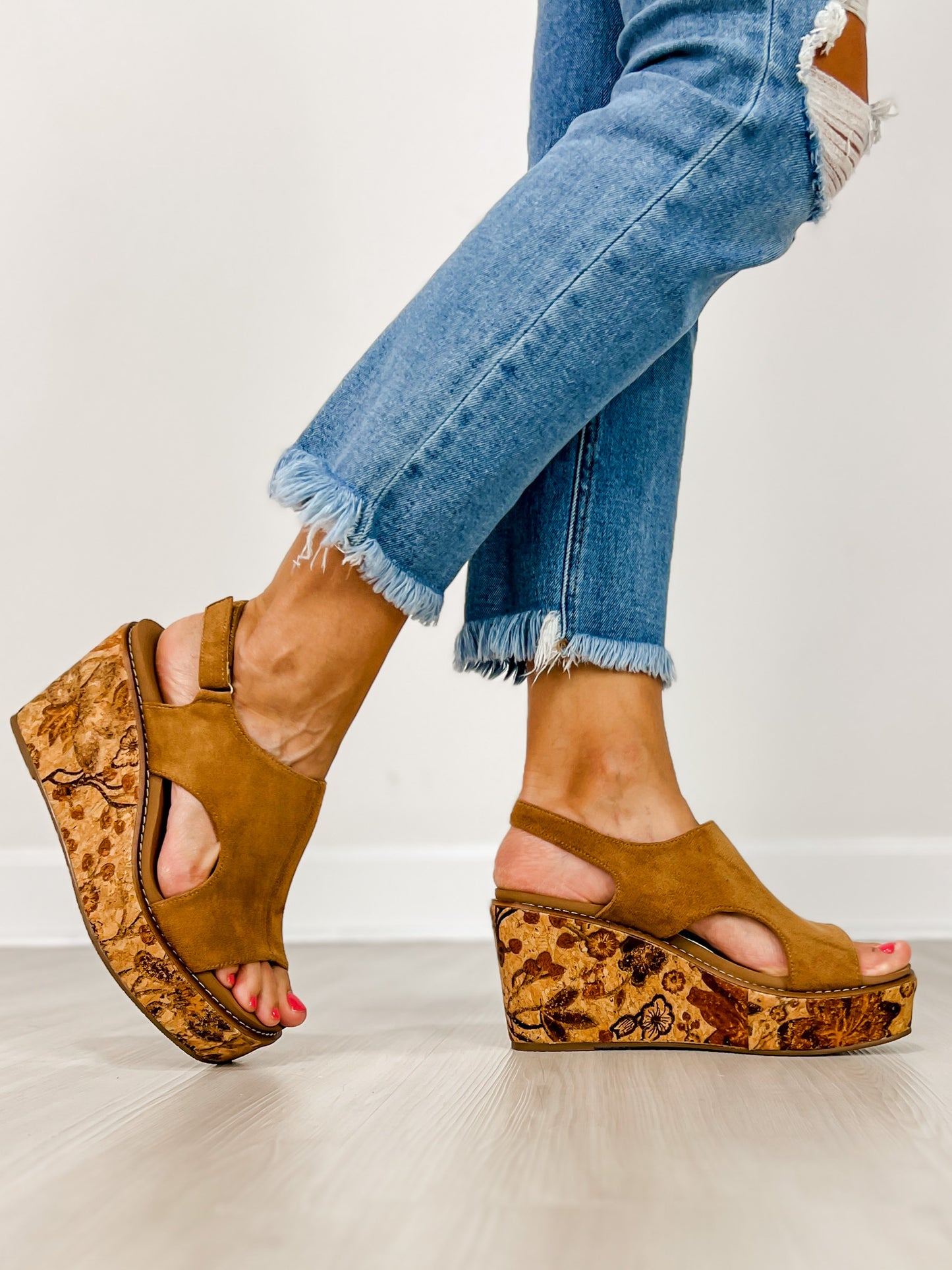 Corkys Freddie Wedge Sandals in TOBACCO FAUX SUEDE