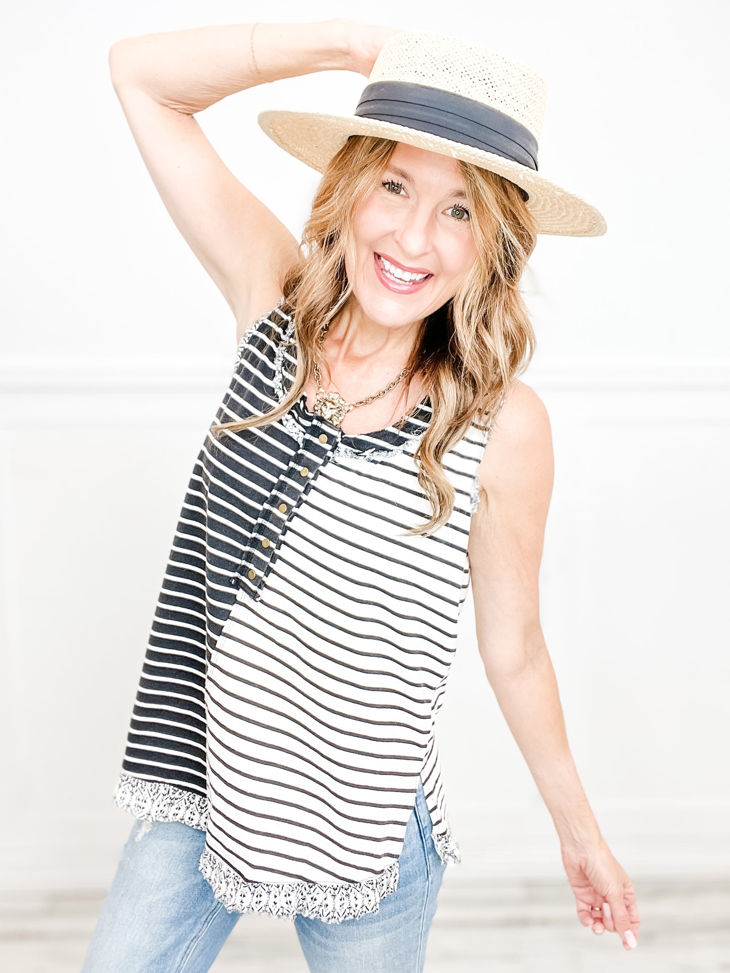 Color Blocked Stripe Washed Henley Tank