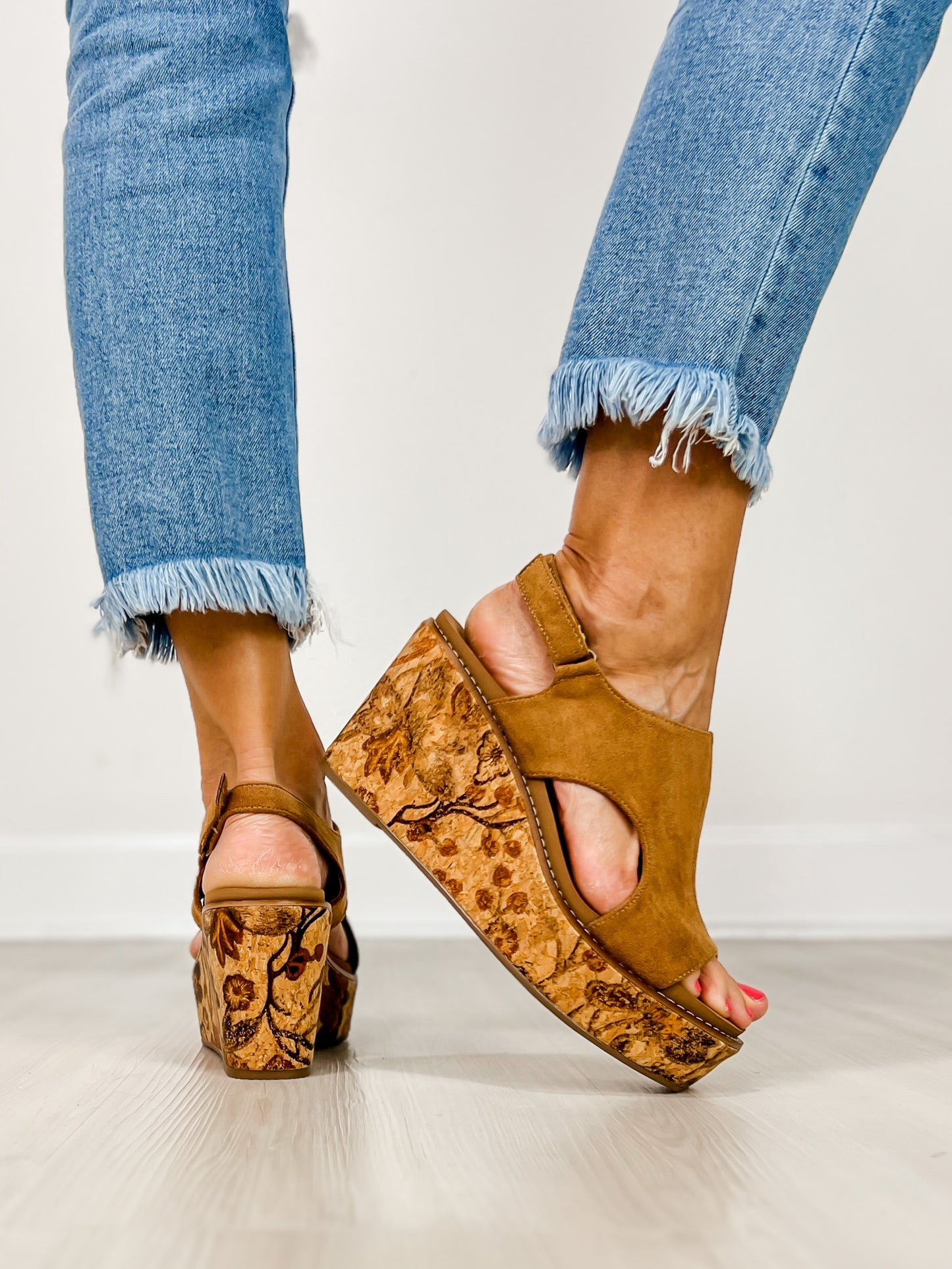 Corkys Freddie Wedge Sandals in TOBACCO FAUX SUEDE