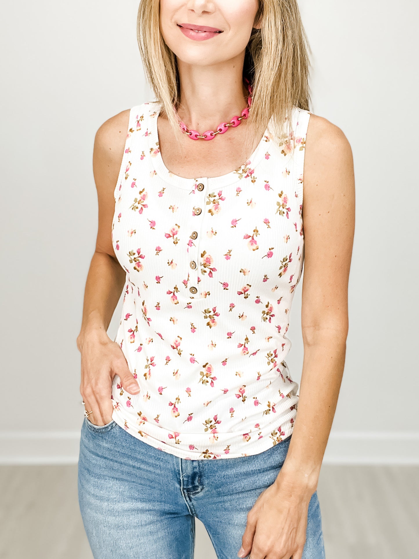 Floral Print Henley Tank Top