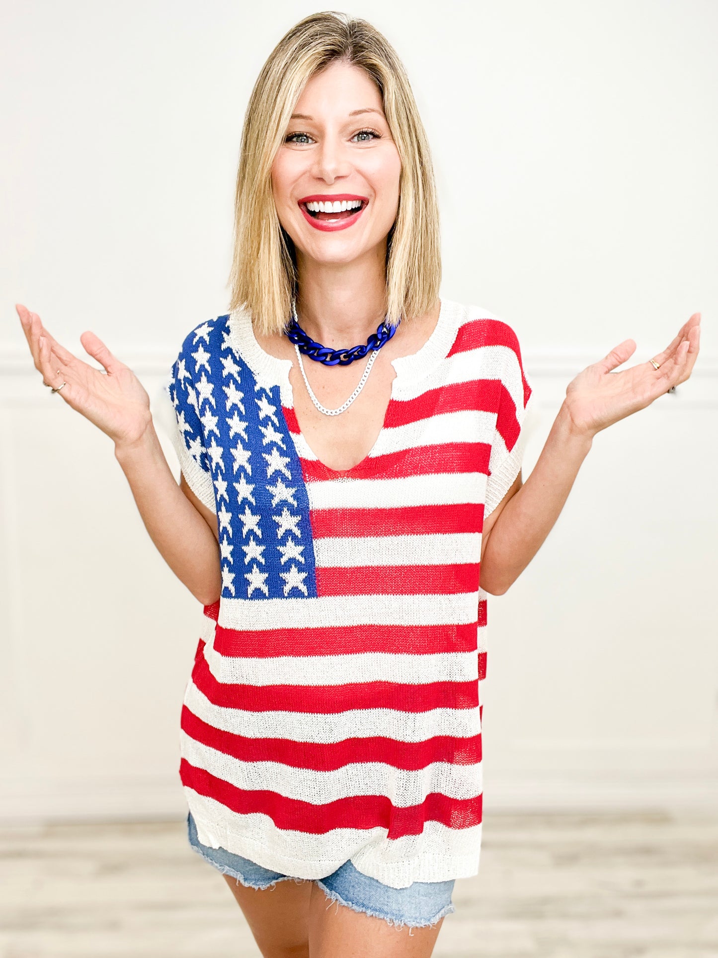 American Flag Print V-Neck Sleeveless Sweater Top