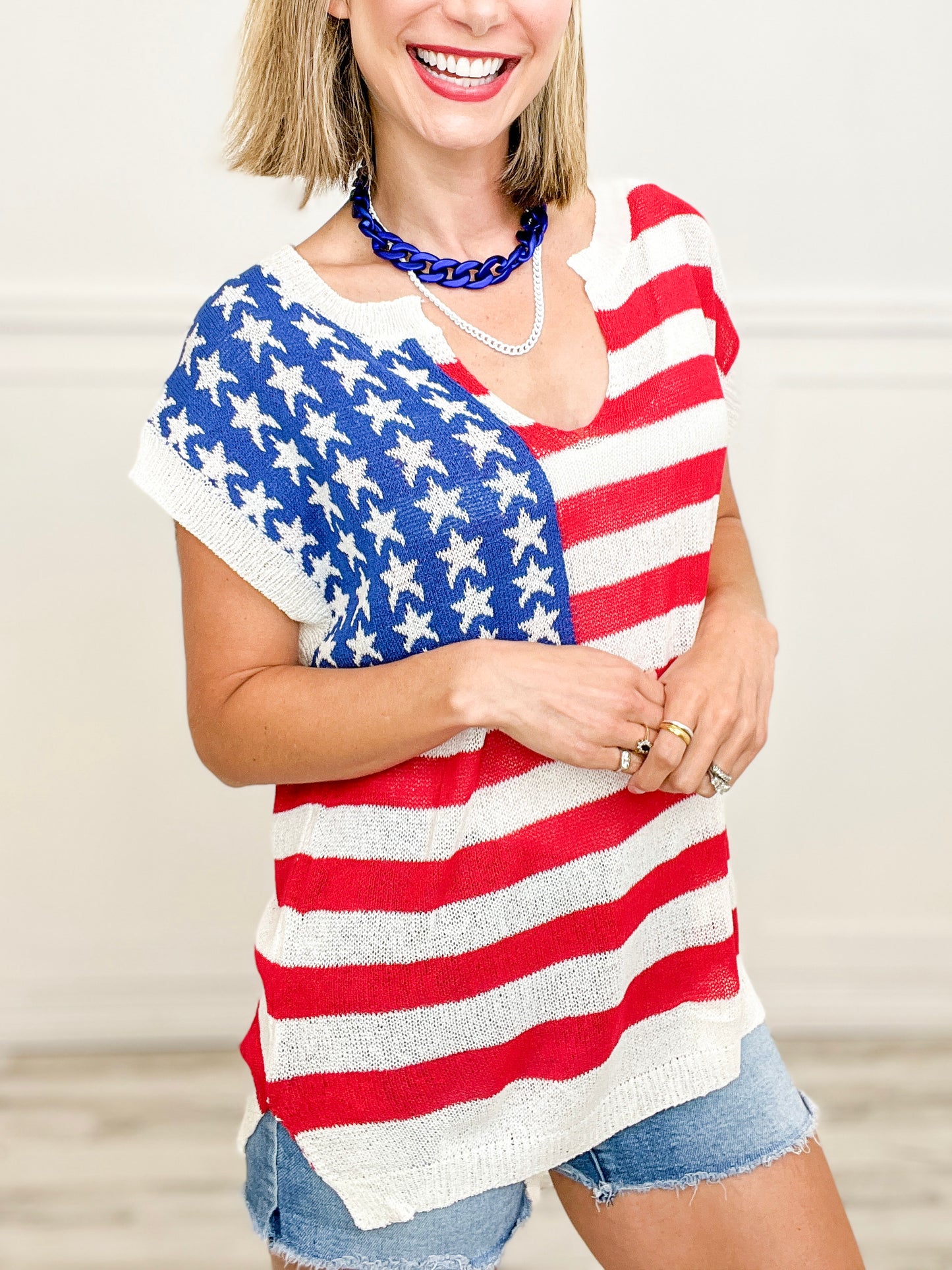 American Flag Print V-Neck Sleeveless Sweater Top