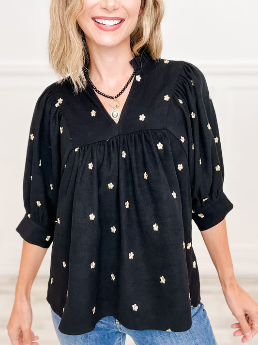 V-Neck Half Sleeve Top with Embroidered Floral Detail