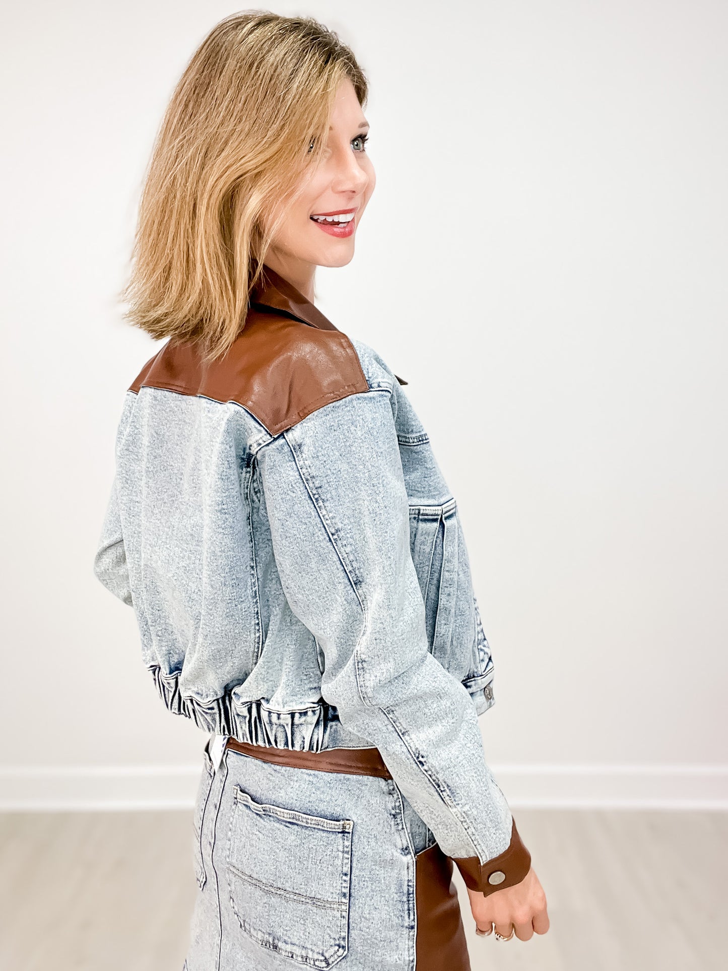 Faux Leather Color Block Denim Jacket