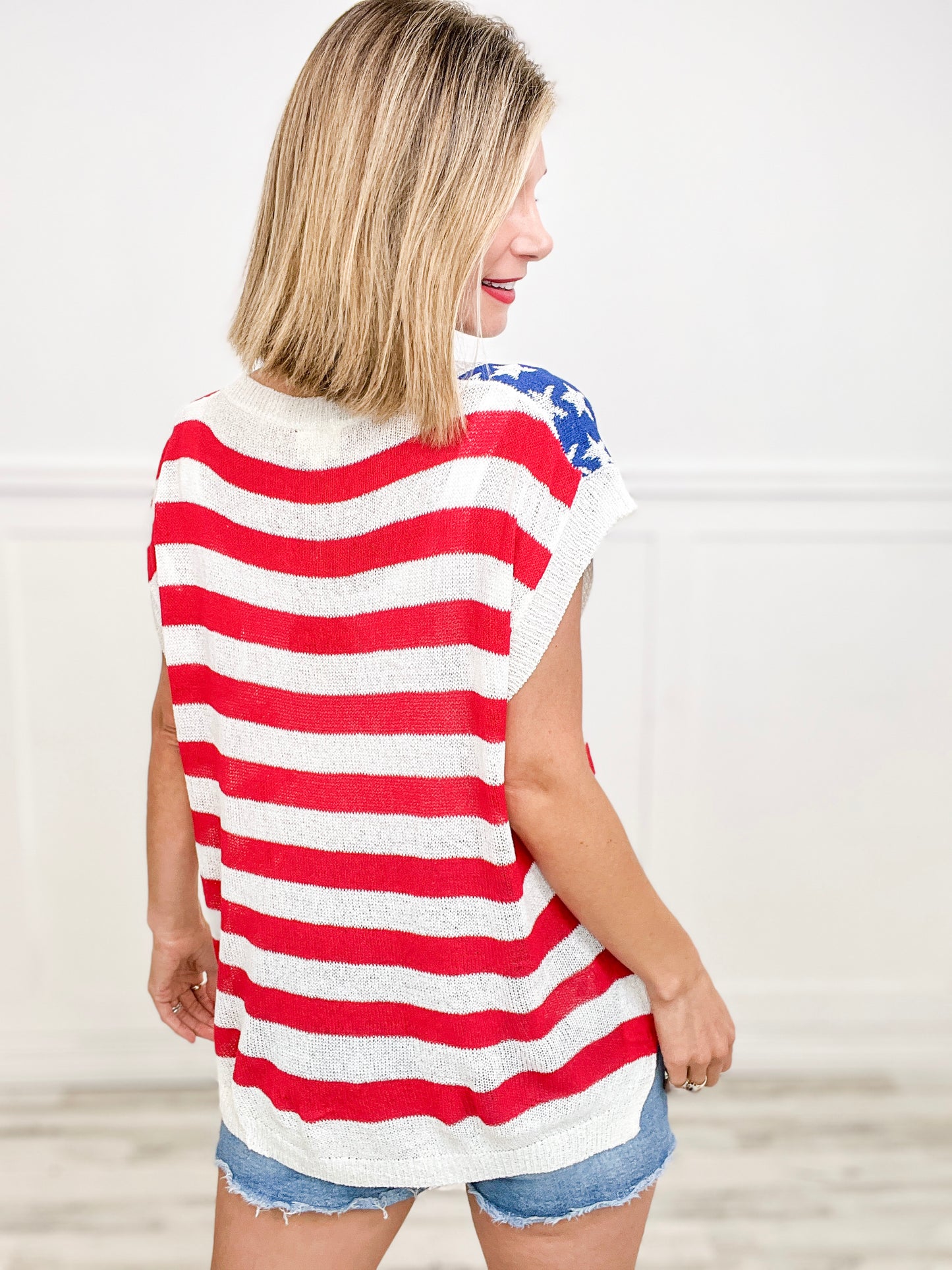 American Flag Print V-Neck Sleeveless Sweater Top