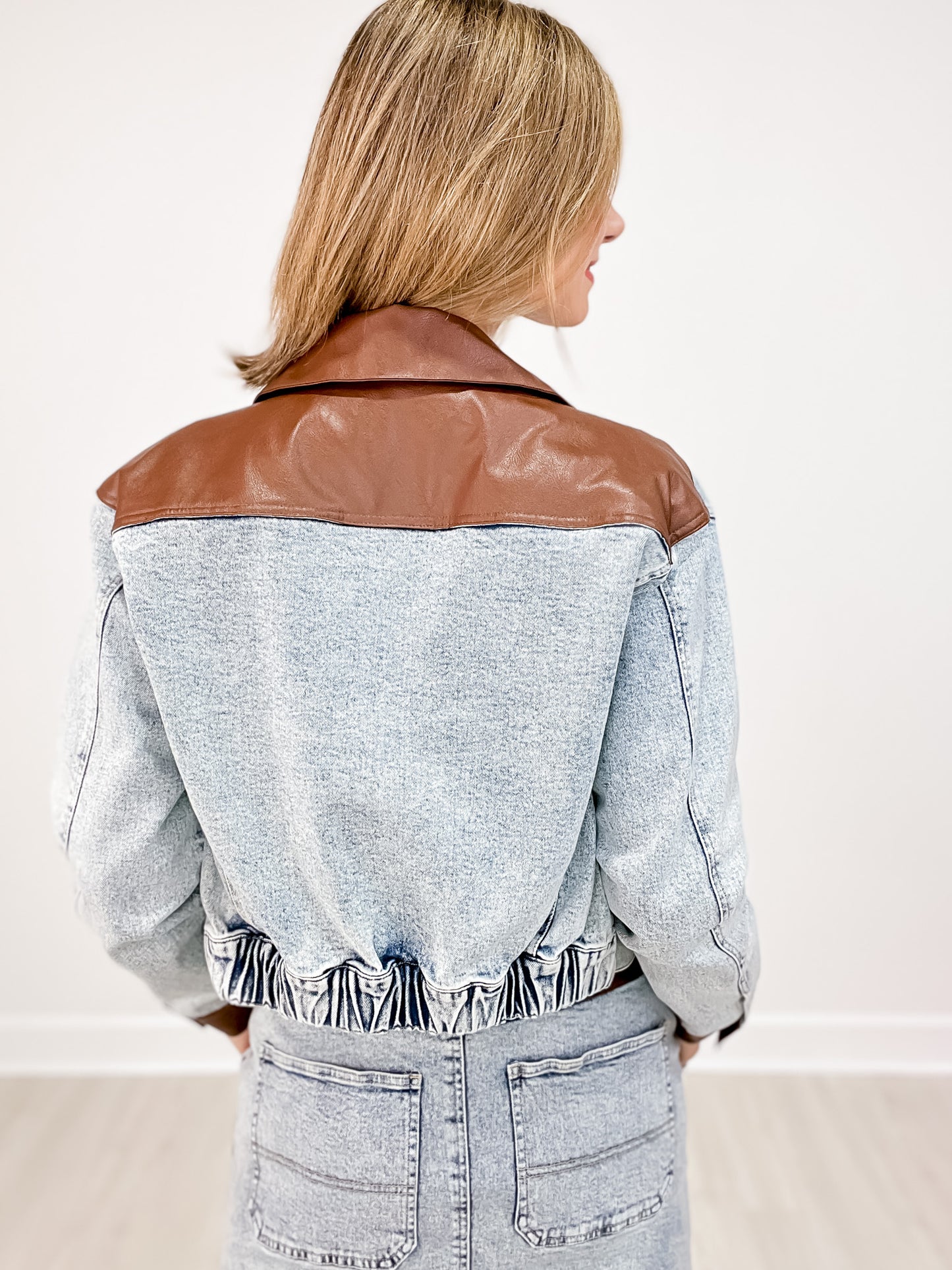 Faux Leather Color Block Denim Jacket