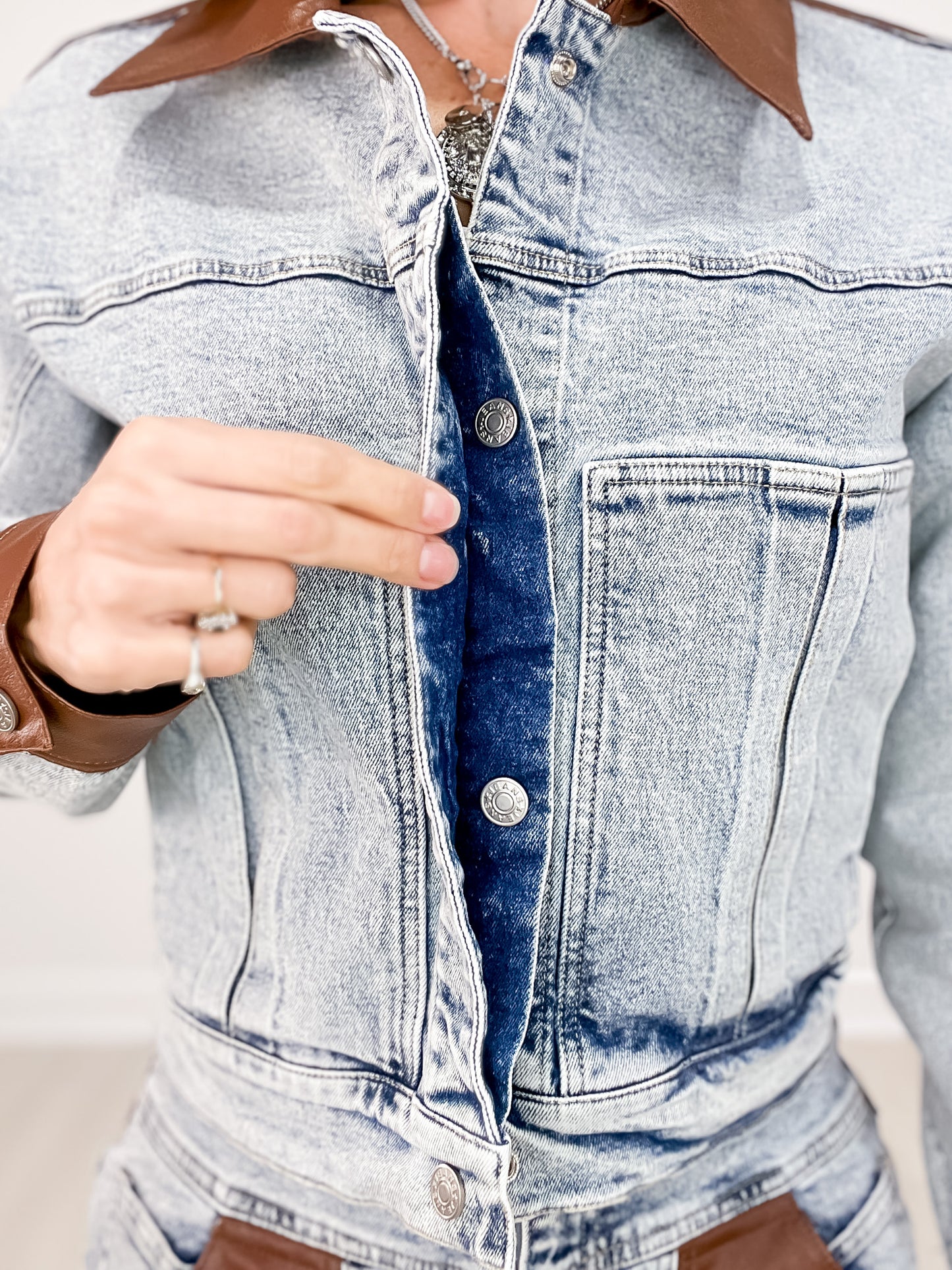 Faux Leather Color Block Denim Jacket