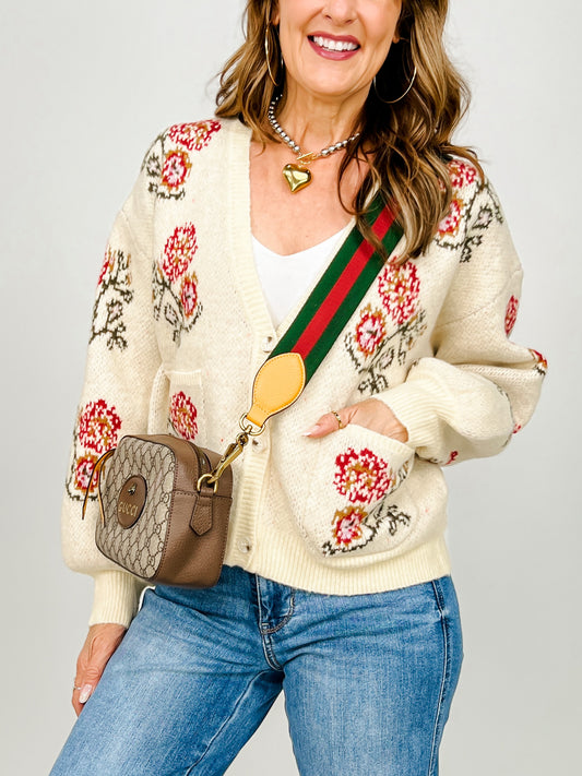 Floral Intarsia Knit Cardigan Sweater with Button Front