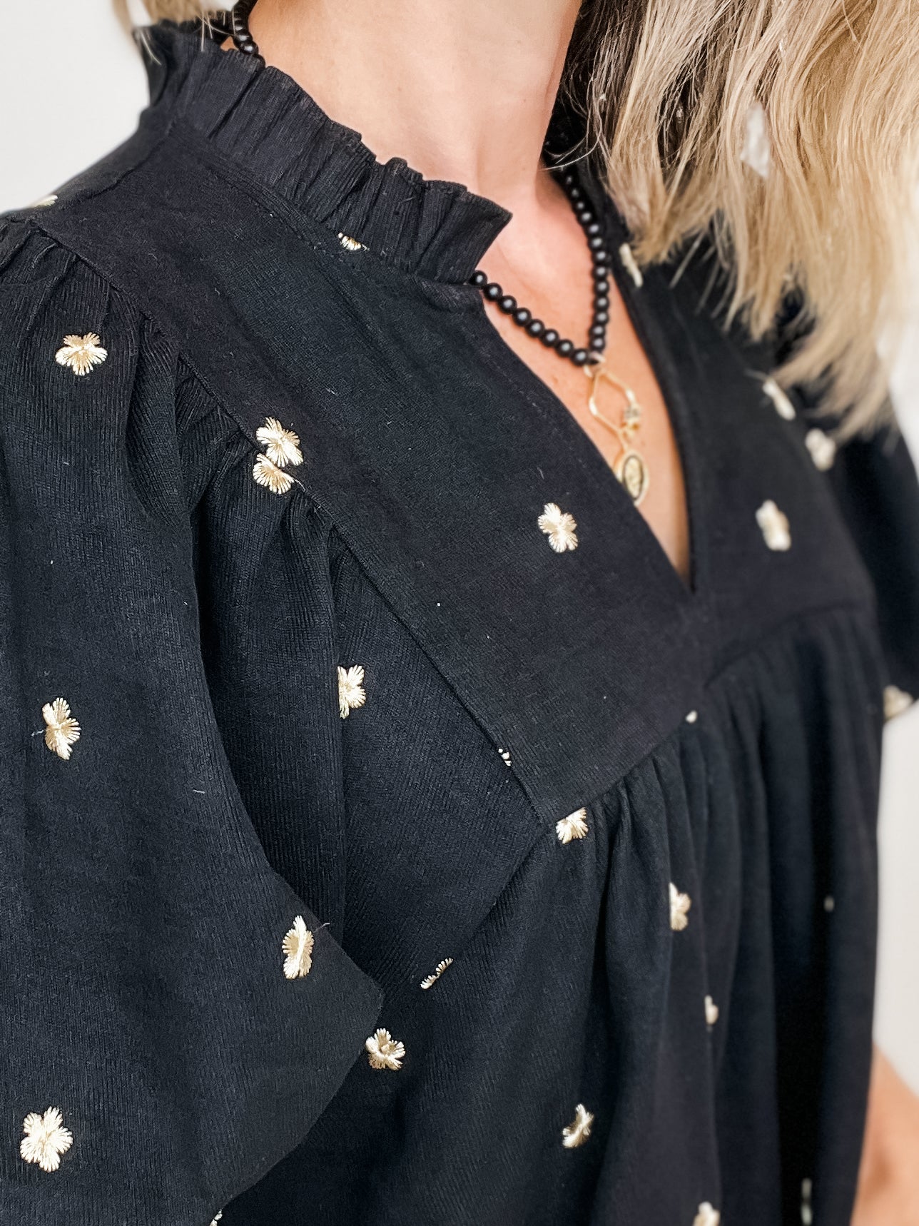 V-Neck Half Sleeve Top with Embroidered Floral Detail