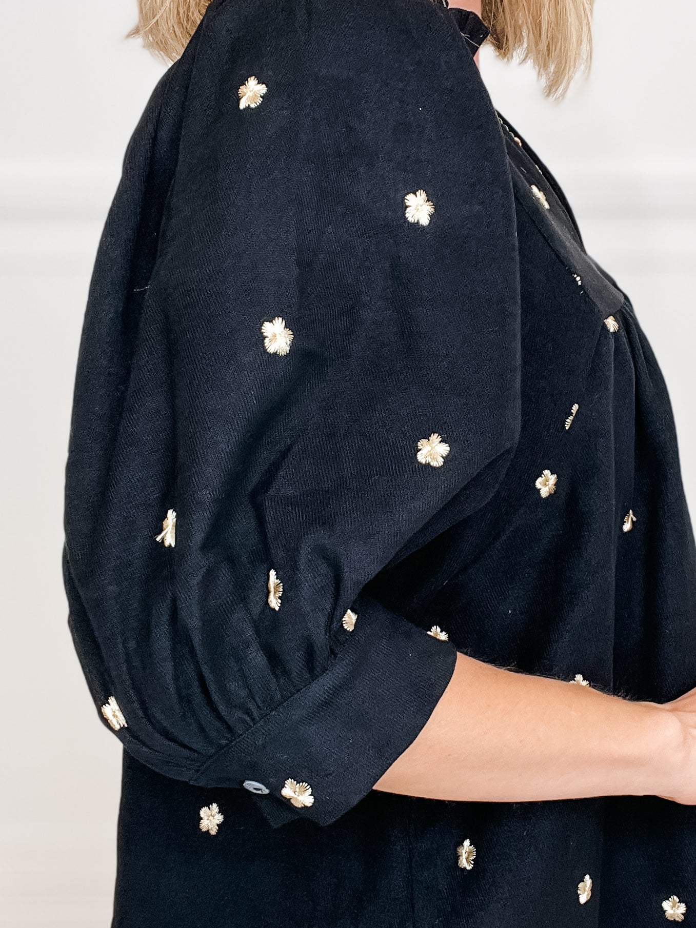 V-Neck Half Sleeve Top with Embroidered Floral Detail