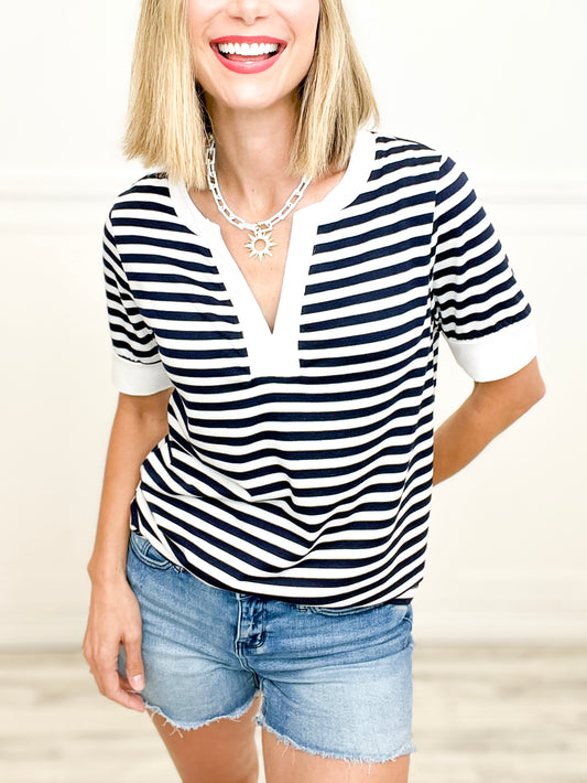 STRIPED NOTCHED V-NECK KNIT TOP