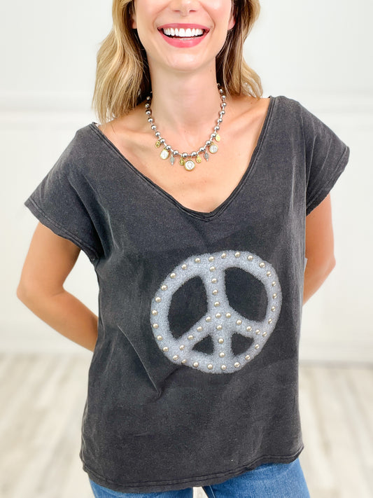 V-Neck Peace Printed Classic Knit Top - A