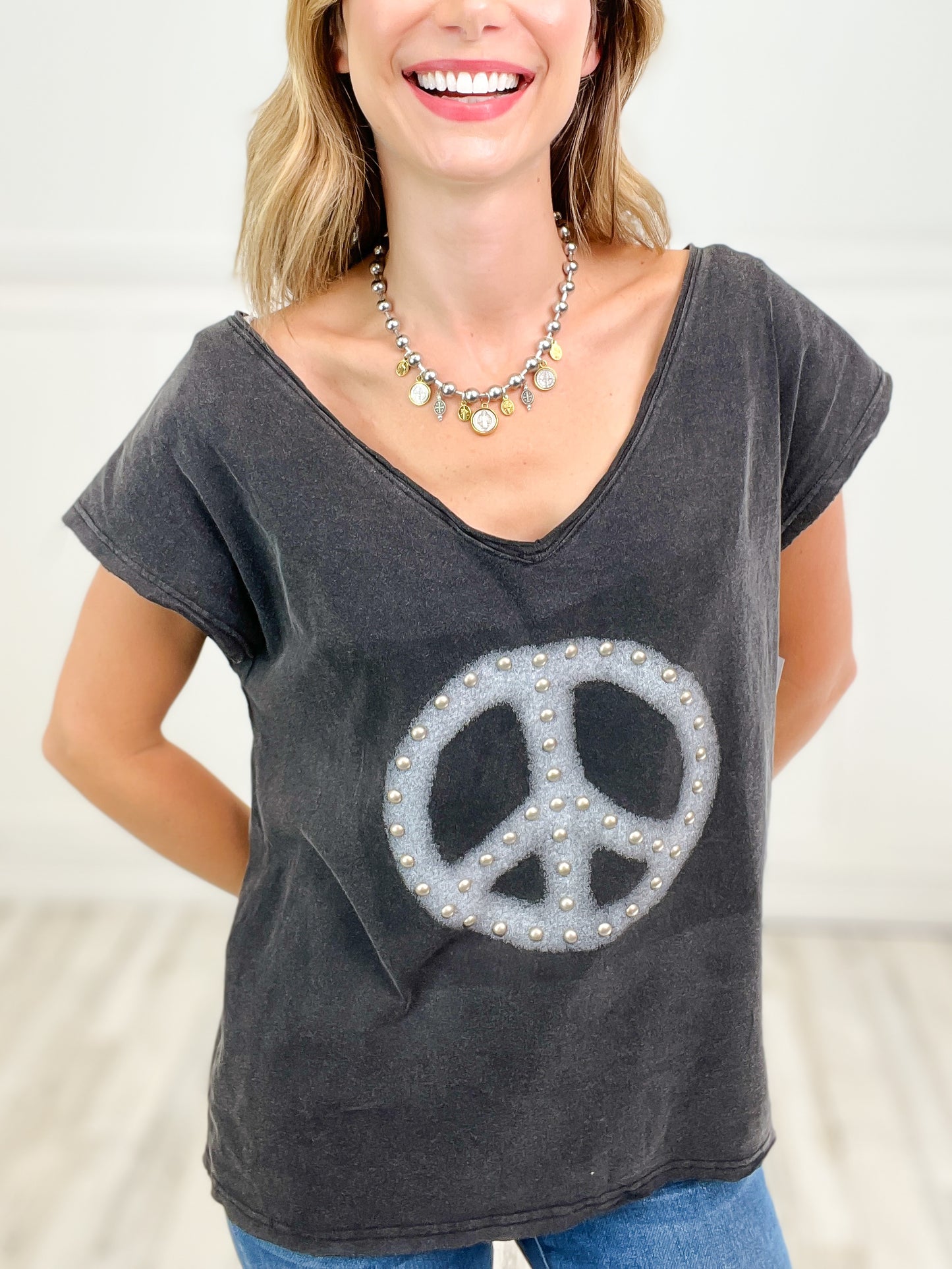 V-Neck Peace Printed Classic Knit Top - A