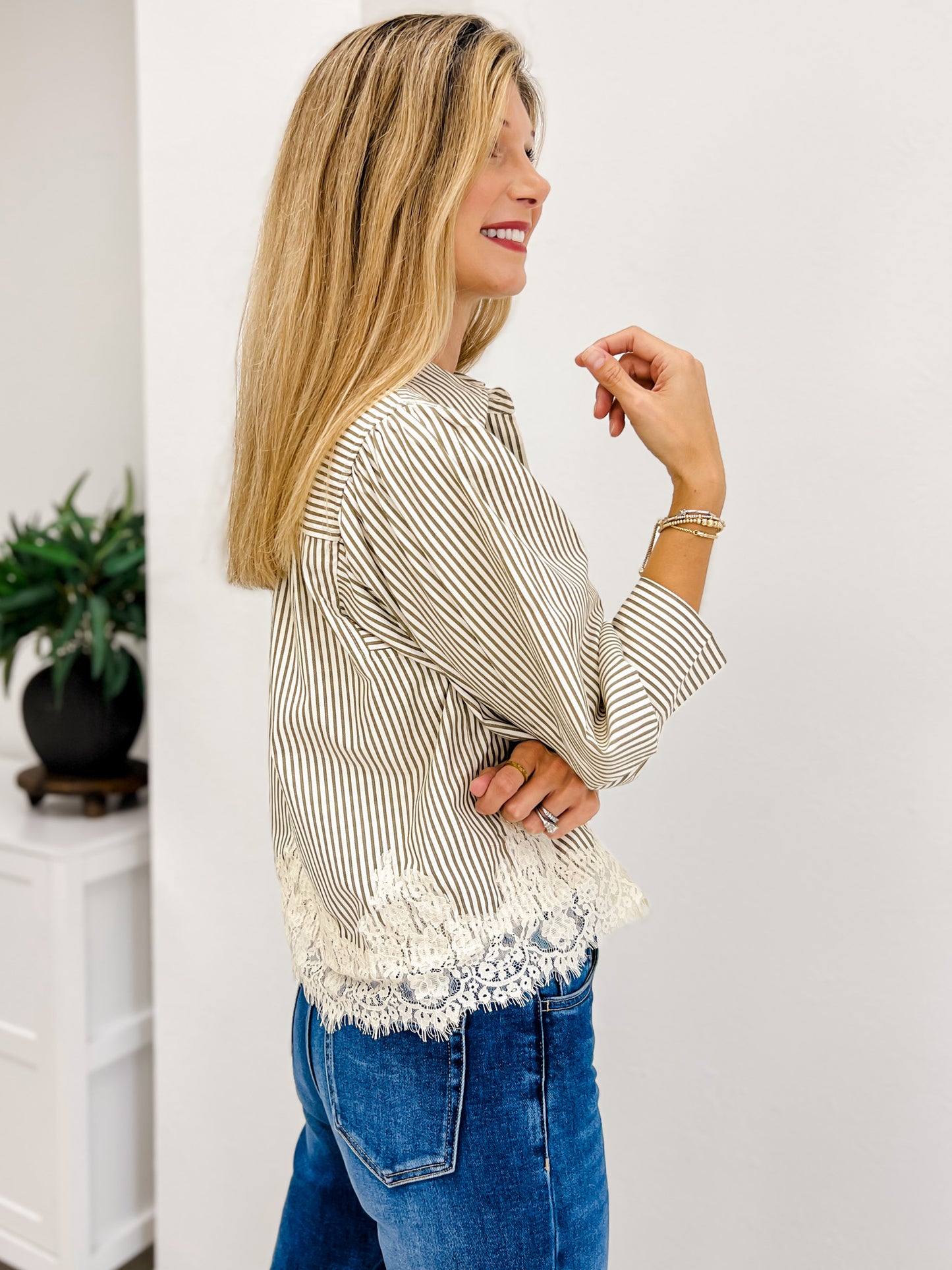Striped Half Sleeve Top with Lace Trim