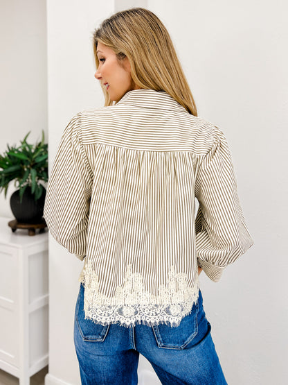 Striped Half Sleeve Top with Lace Trim
