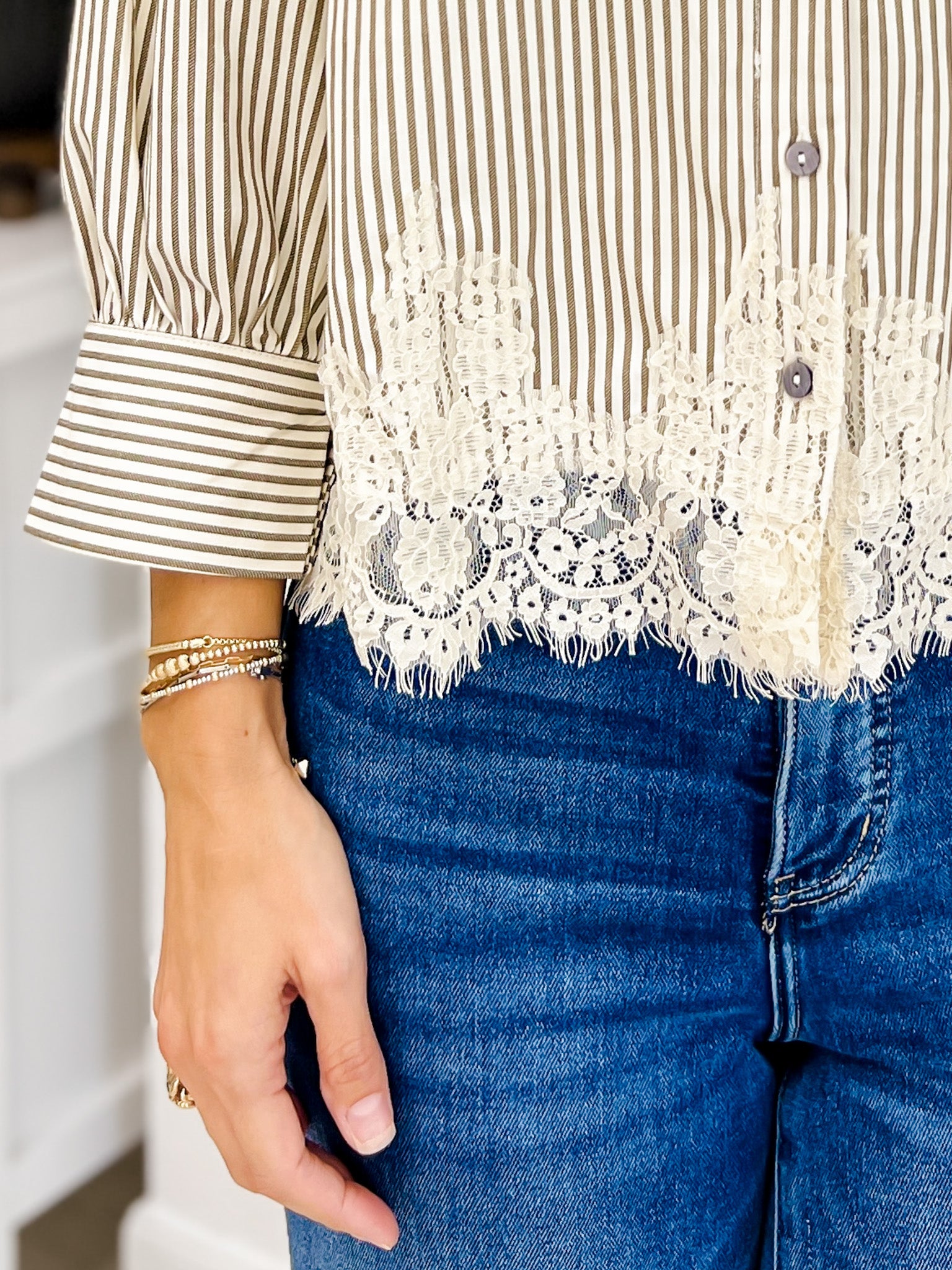 Striped Half Sleeve Top with Lace Trim