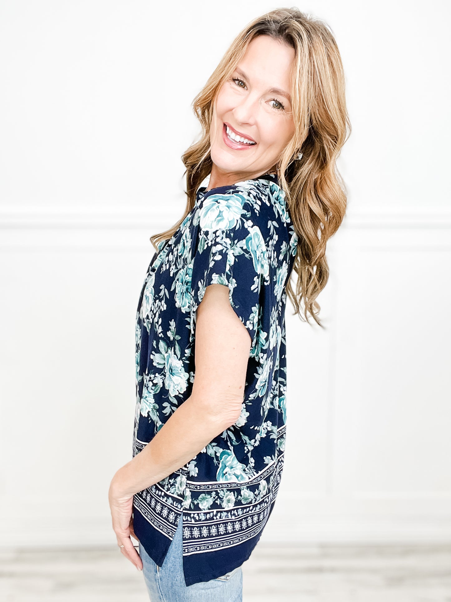 Floral Border Print Gabby Top with High Low hem & Side Slits