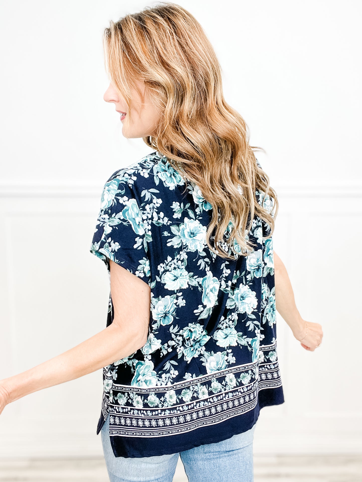 Floral Border Print Gabby Top with High Low hem & Side Slits