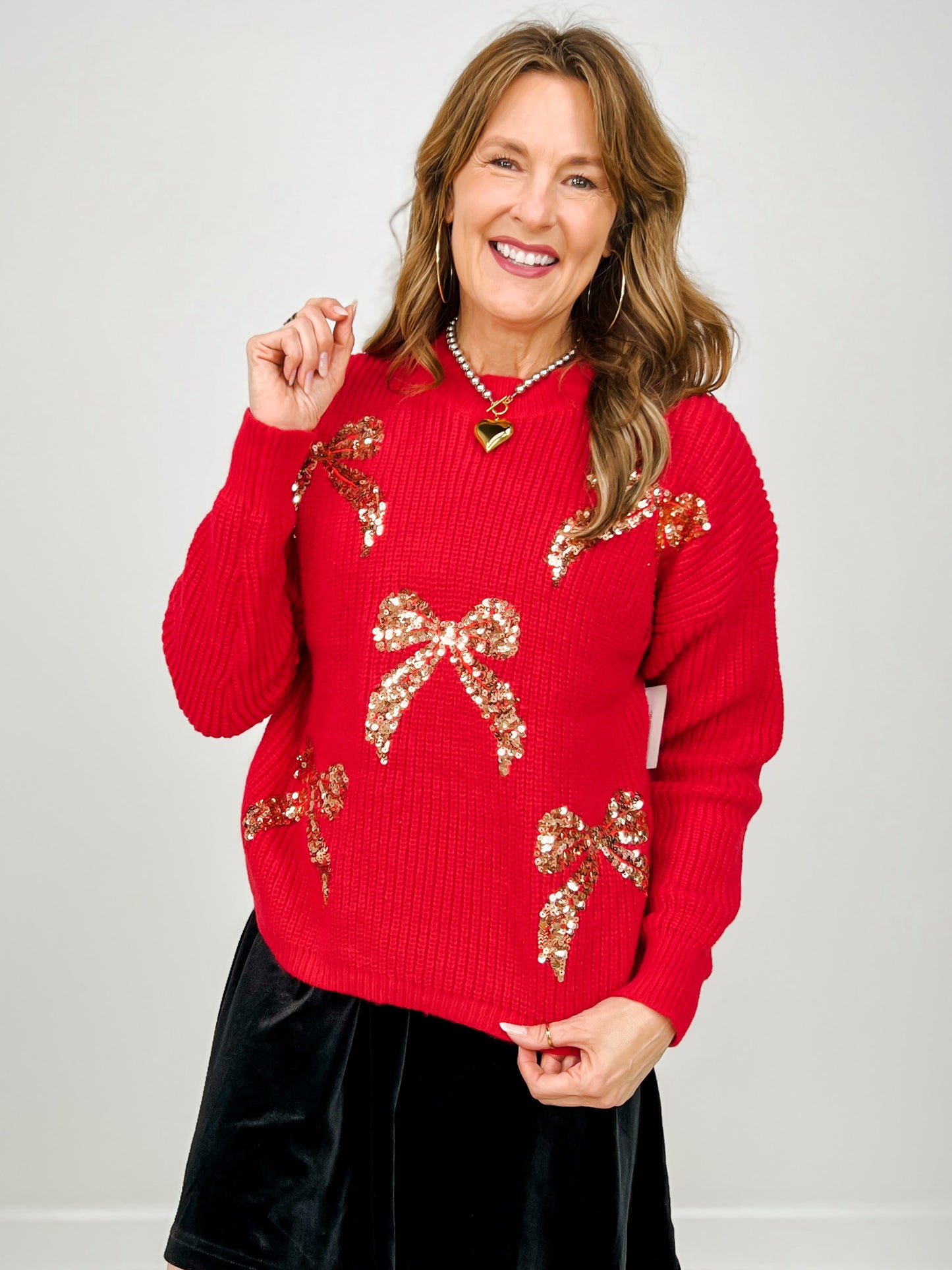 Mock Neck Sequin Ribbon Holiday Sweater