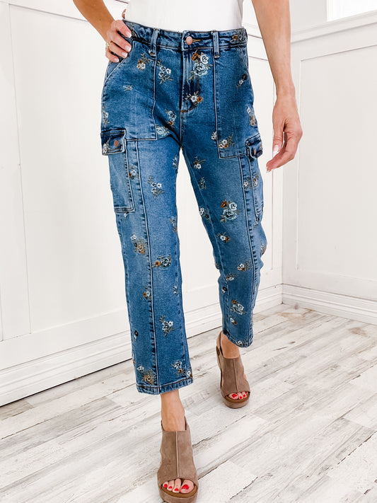 Flower Embroidered Denim Pants