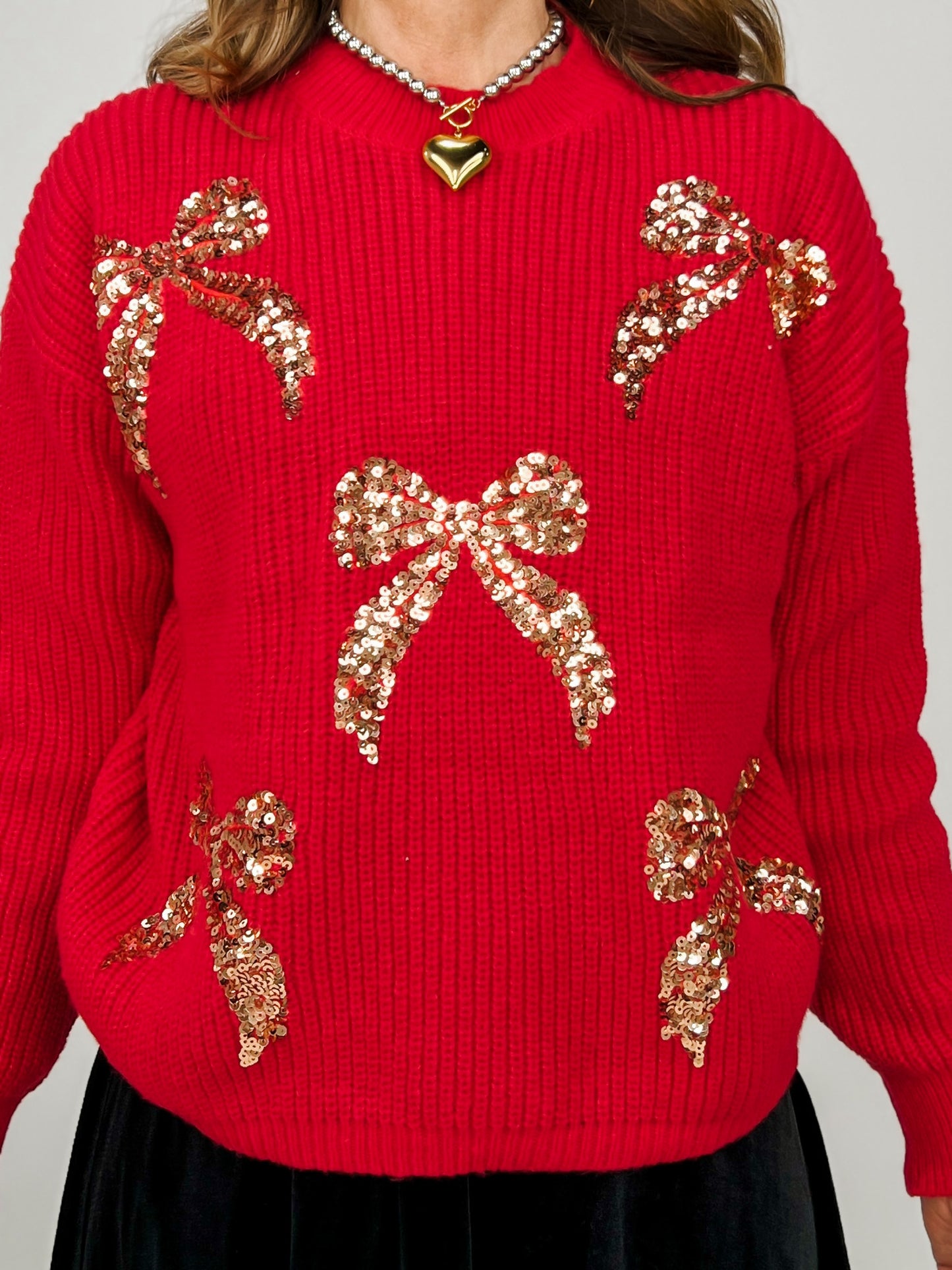 Mock Neck Sequin Ribbon Holiday Sweater