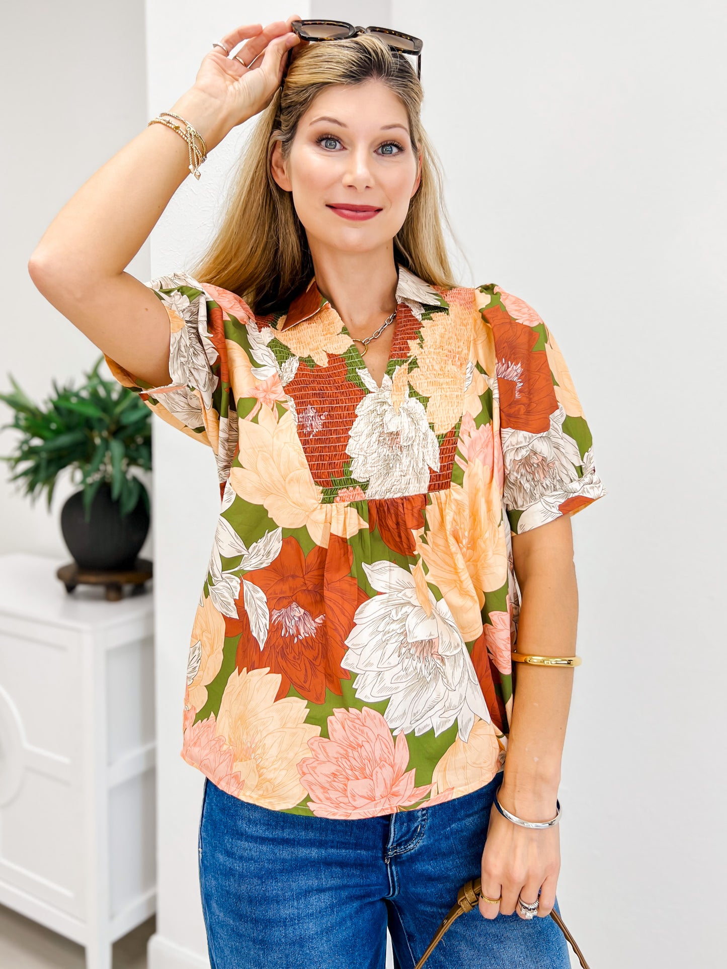 Floral Short Puff Sheeve Top Featuring a Smocked V Neck