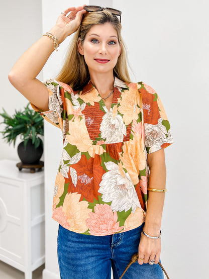 Floral Short Puff Sheeve Top Featuring a Smocked V Neck