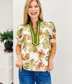 Floral Print Short Puff Sleeve Top Featuring Contrast Binding V-Neck Detail