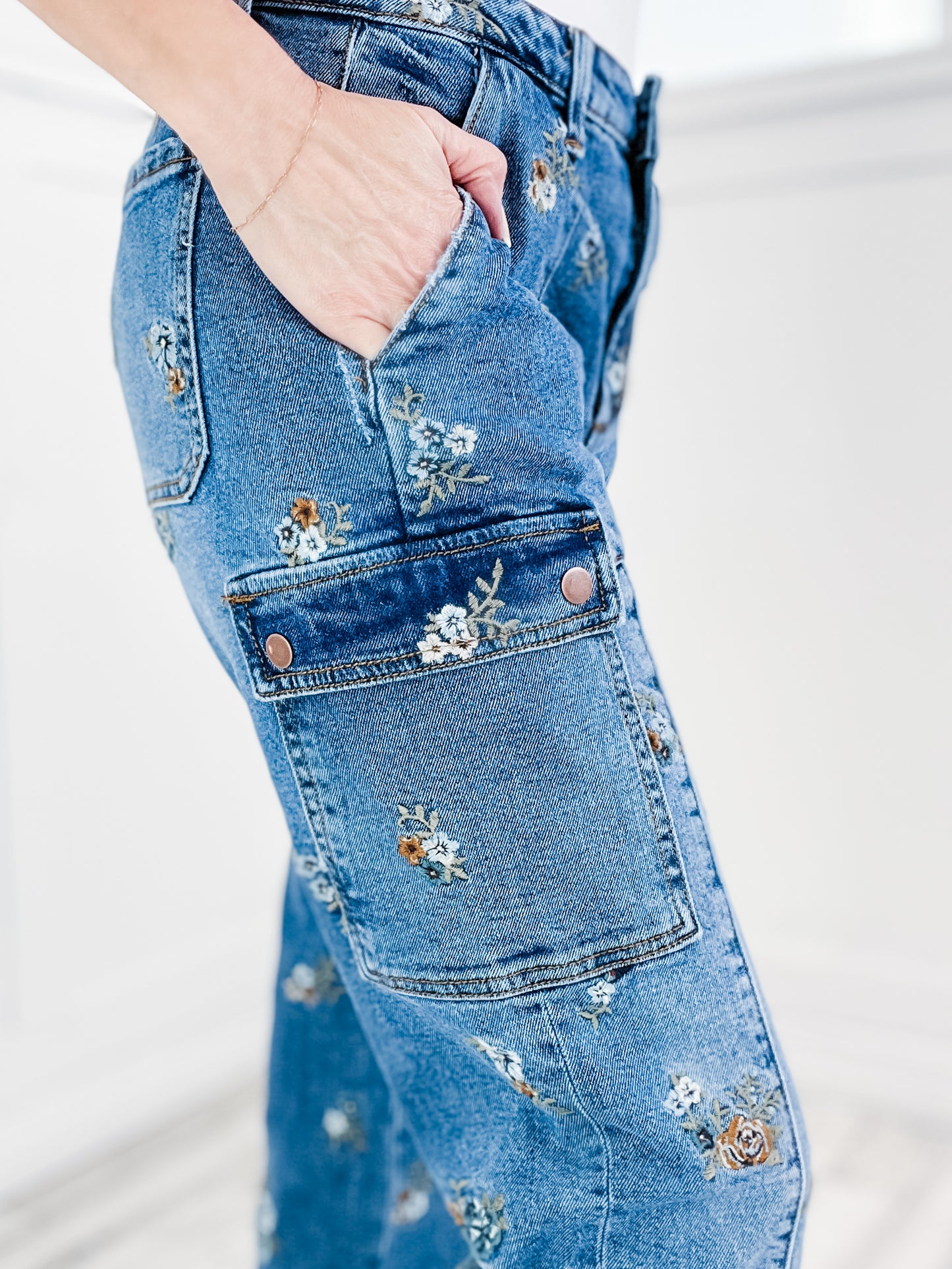 Flower Embroidered Denim Pants