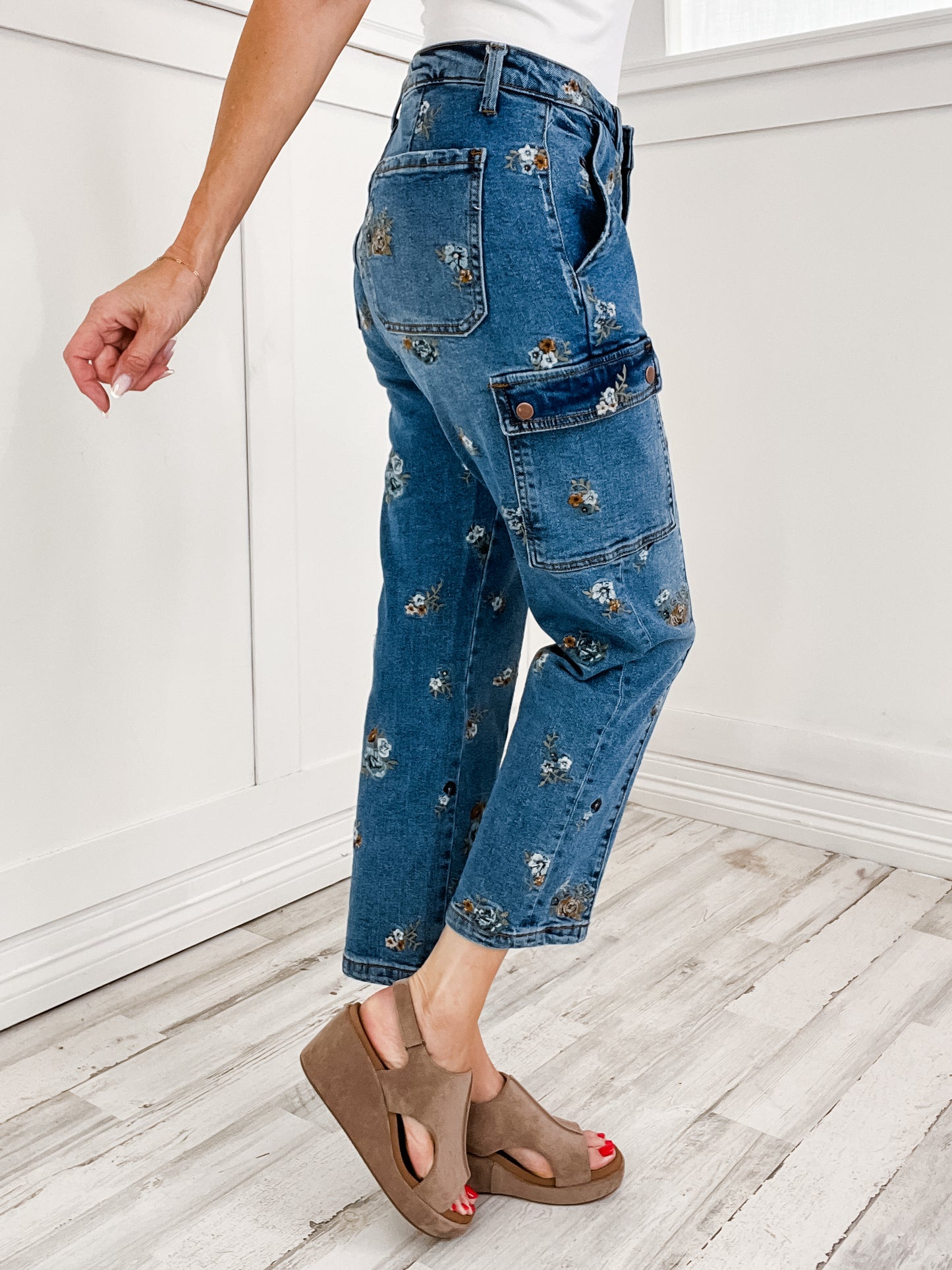 Flower Embroidered Denim Pants