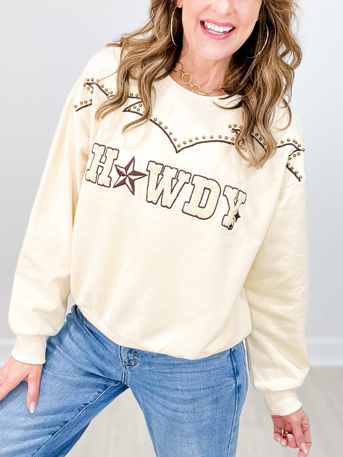 Howdy Studded Yoke Embroidered Sweatshirt