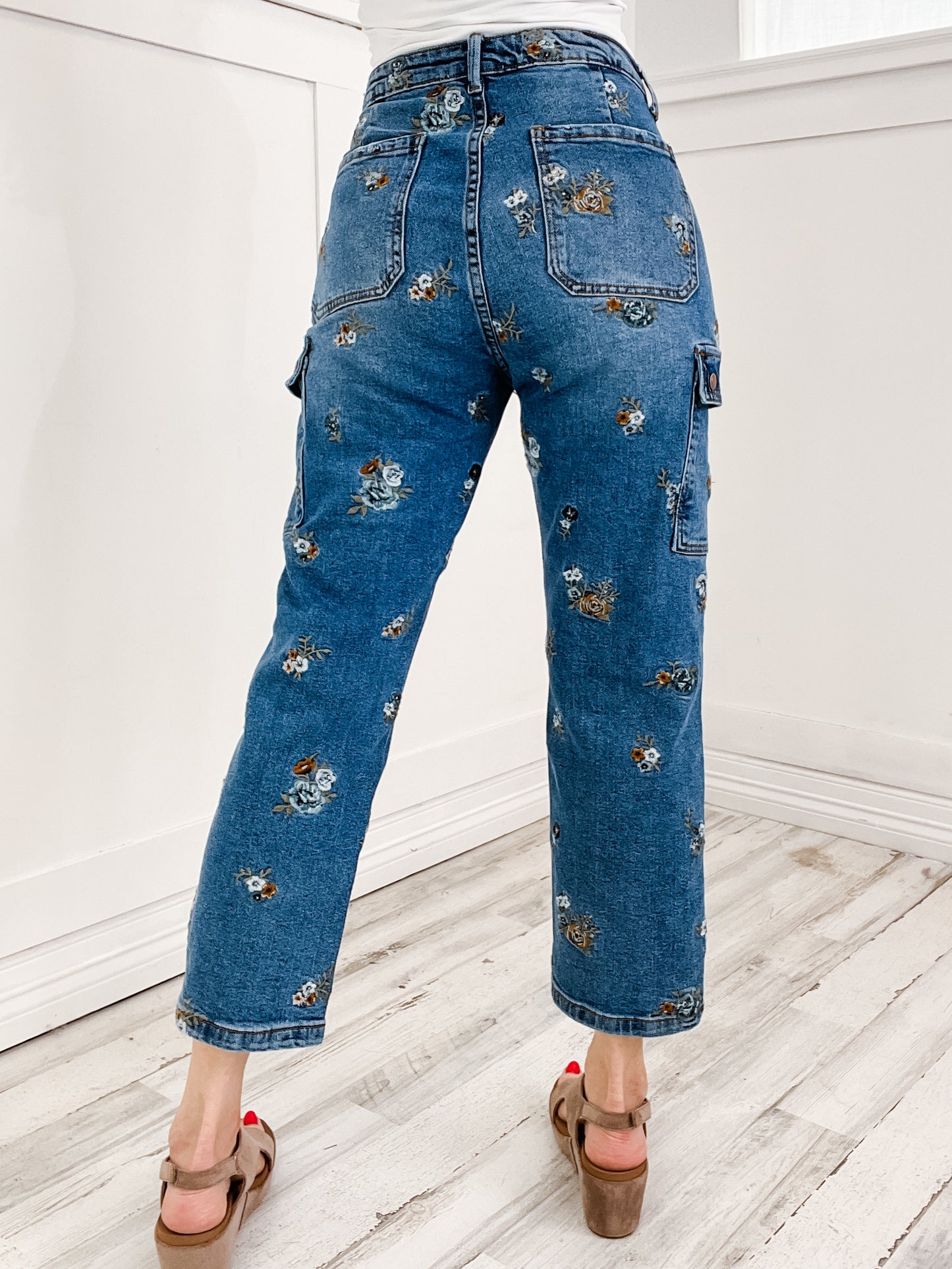 Flower Embroidered Denim Pants