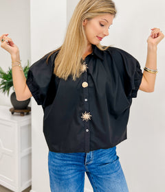 Solid Short sleeve Top With Embellished Button Detail