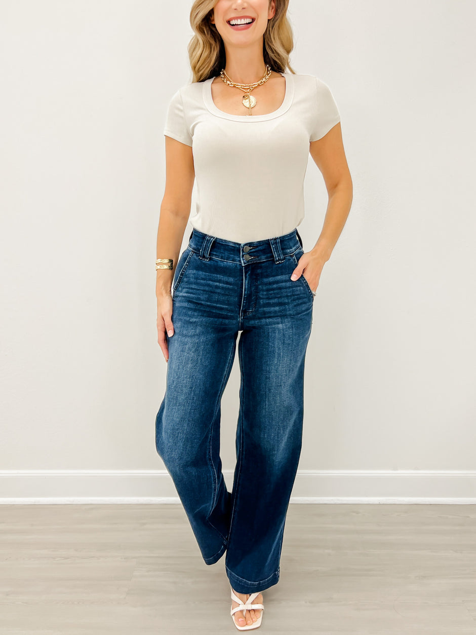 Judy Blue HEADLINER Hi-Rise Wide Leg Double Button Trouser Jeans