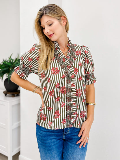 Strip Floral Short Puff Sleeve Top With Ruffle Neckline
