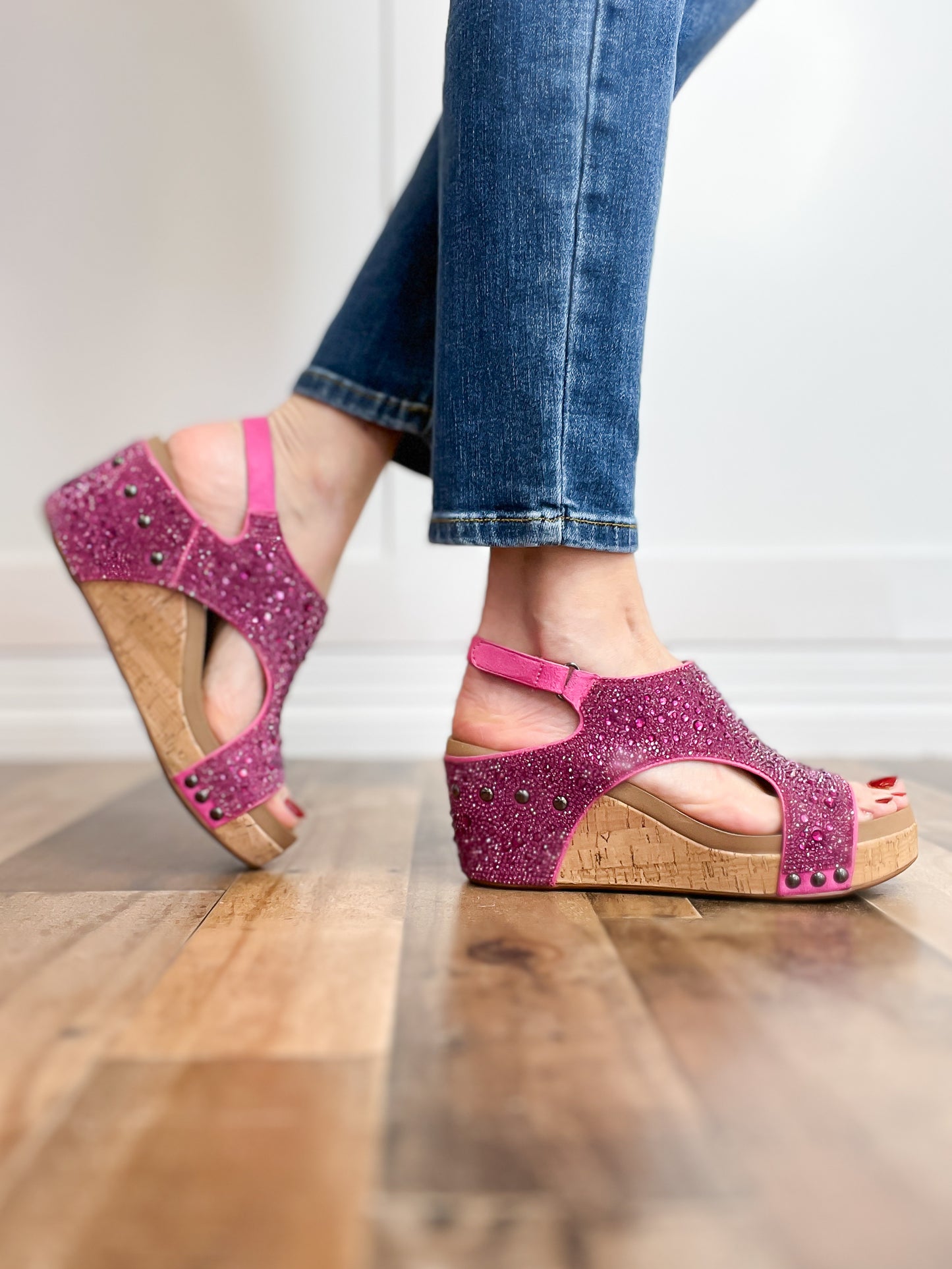 Corkys Ashley Wedge Sandals in Fuchsia Rhinestones