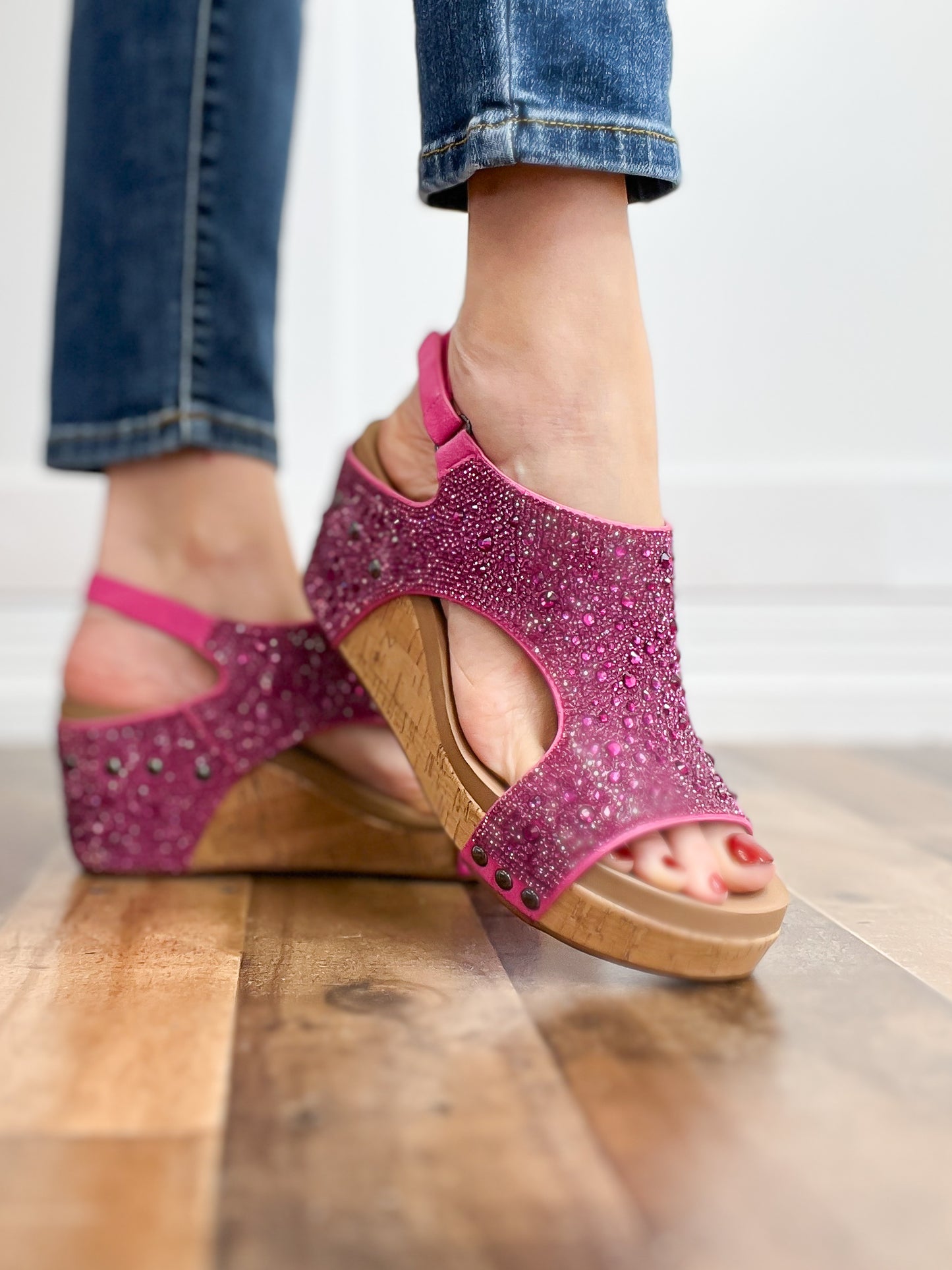 Corkys Ashley Wedge Sandals in Fuchsia Rhinestones