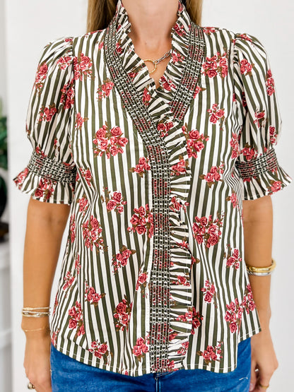 Strip Floral Short Puff Sleeve Top With Ruffle Neckline