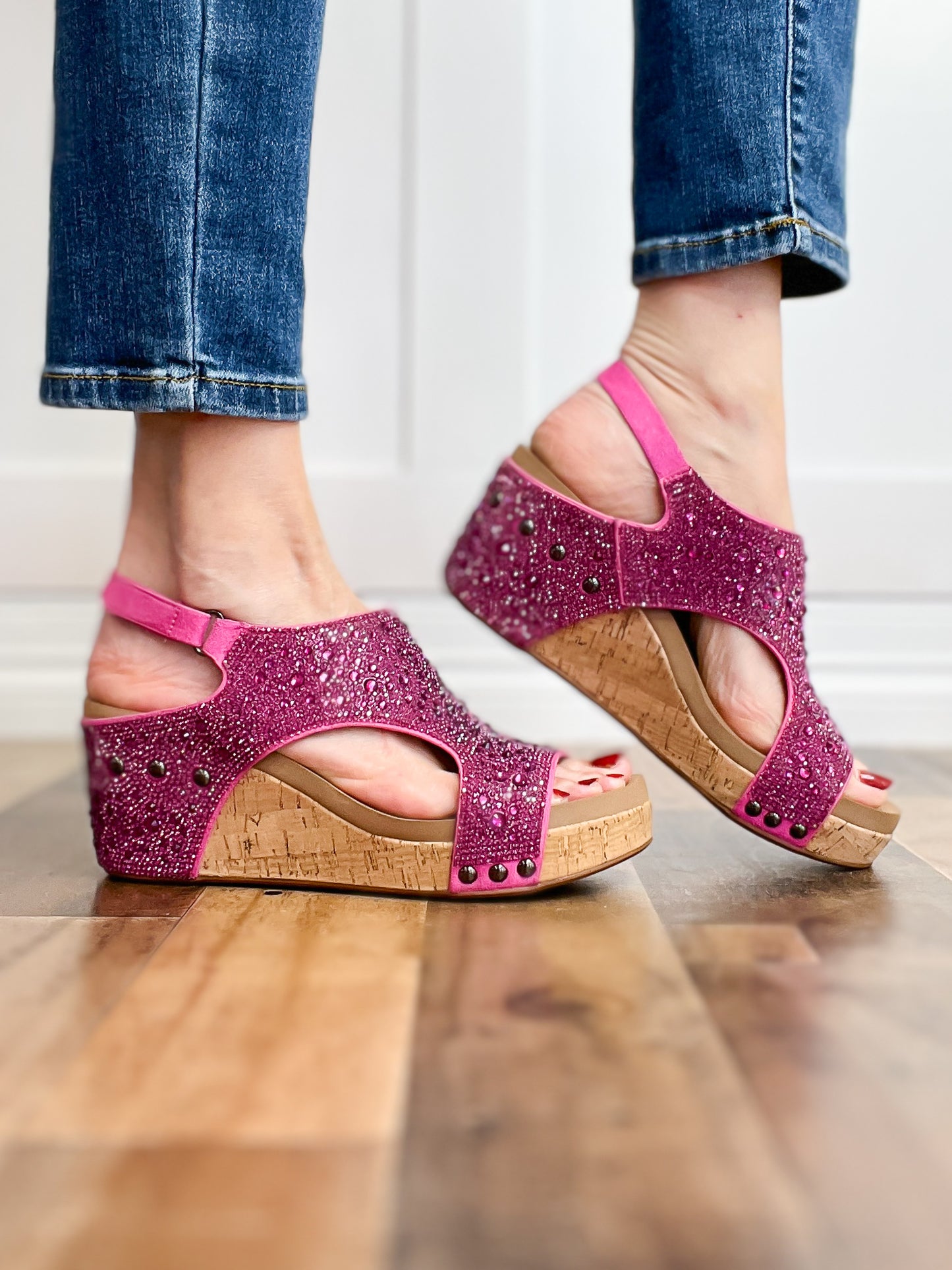 Corkys Ashley Wedge Sandals in Fuchsia Rhinestones