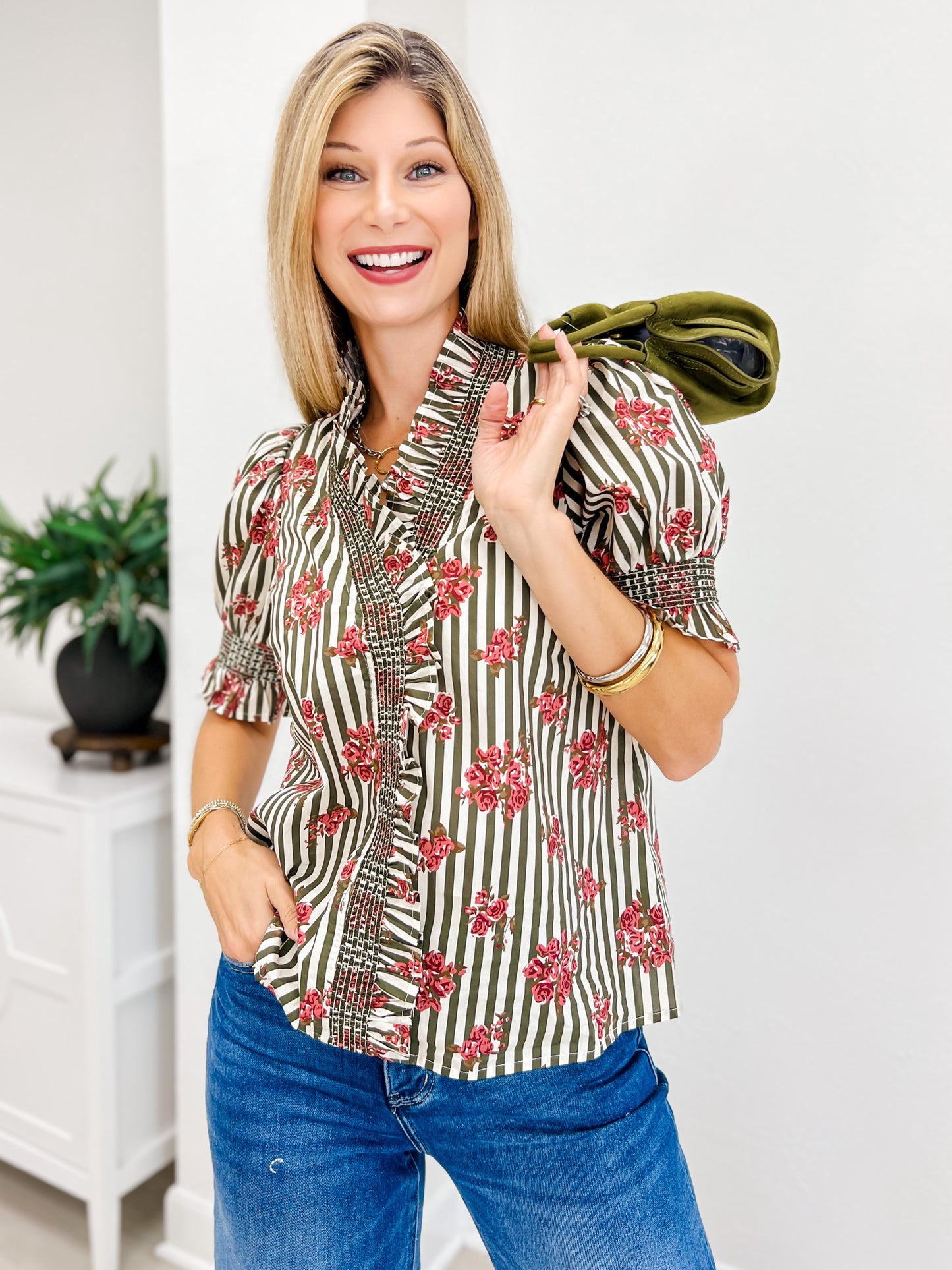 Strip Floral Short Puff Sleeve Top With Ruffle Neckline