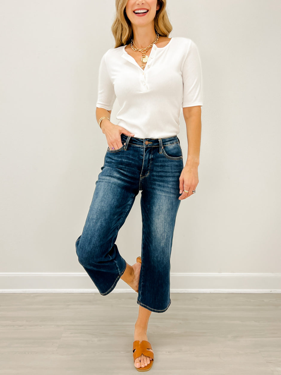 Judy Blue LAST KISS Mid-Rise Tummy Control Crop Wide Leg Denim Jeans
