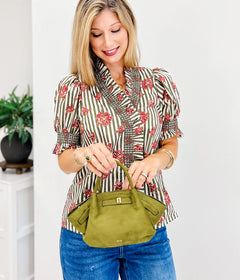 Strip Floral Short Puff Sleeve Top With Ruffle Neckline